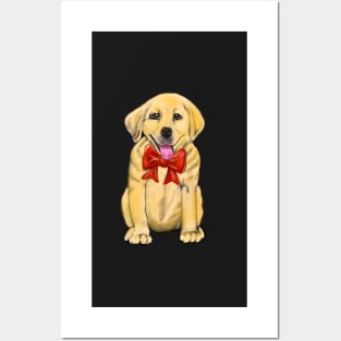 Dog Labrador retriever with red bow- doggie festive cute Golden Labrador retriever puppy dog in winter beanie hat Posters and Art